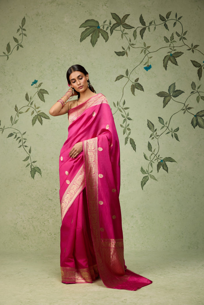 Chand buta pink Banarasi Saree