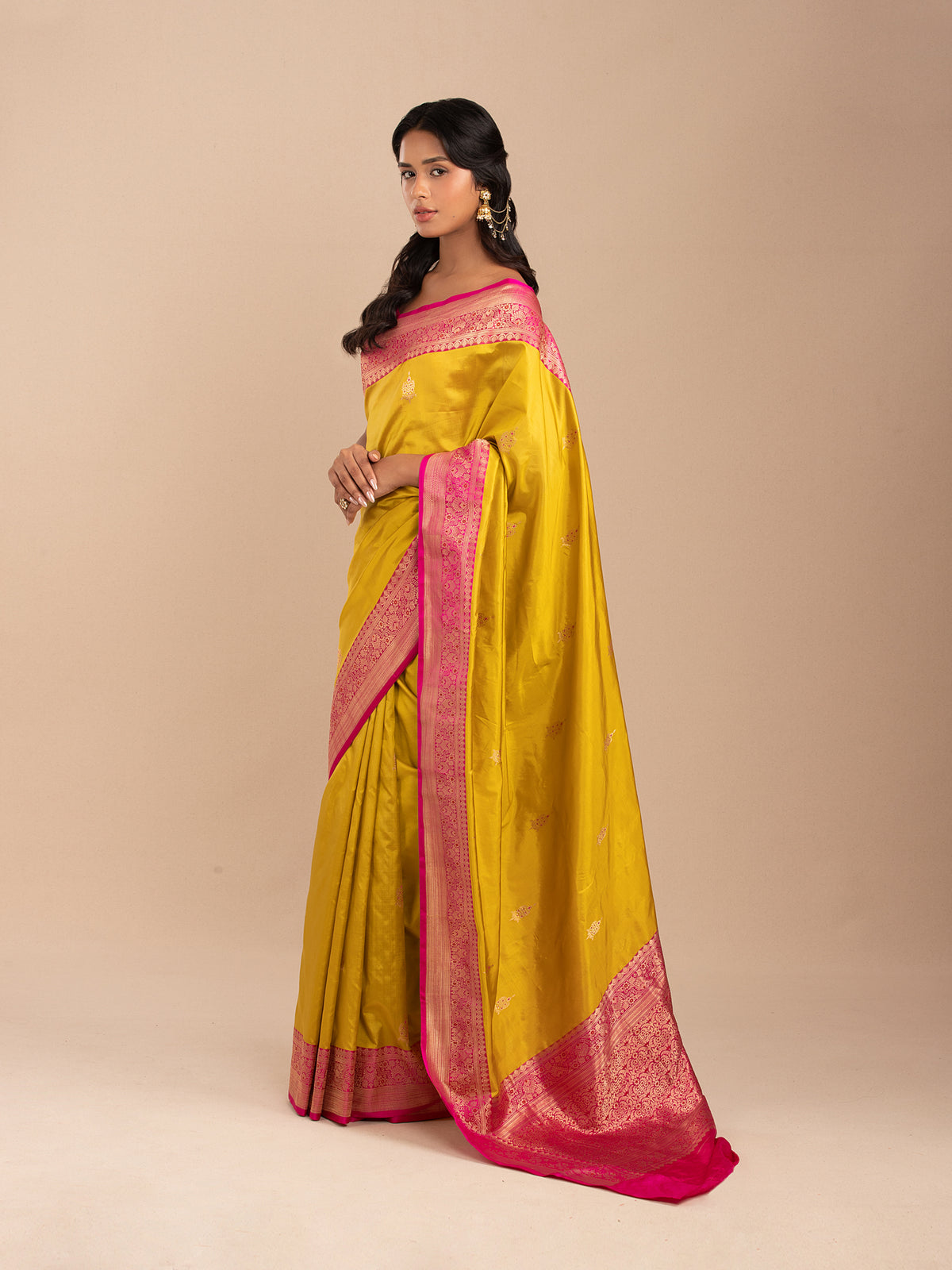 Mango-yellow banarasi saree with hot-pink border in pure Katan silk