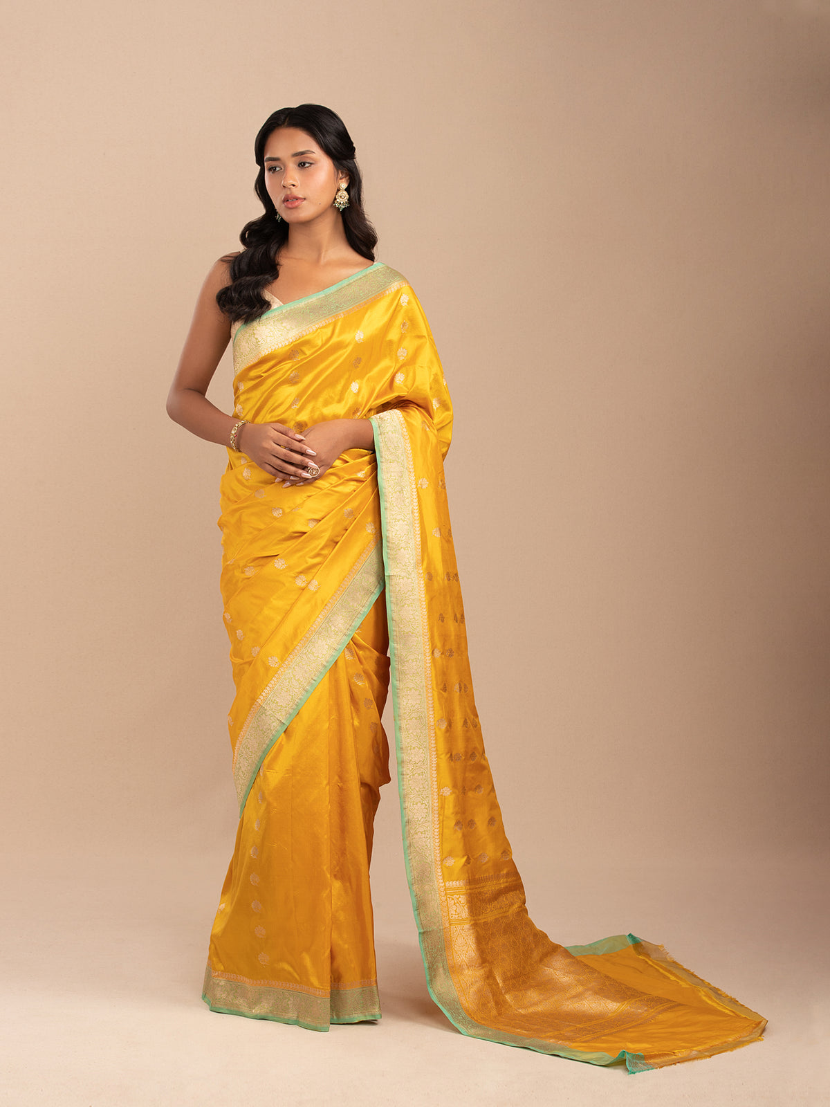 Yellow Banarasi saree in pure Katan silk