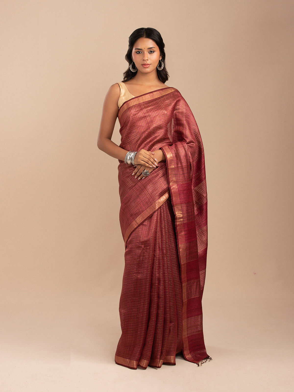 Wine and gold zari chequered saree in Tussar silk