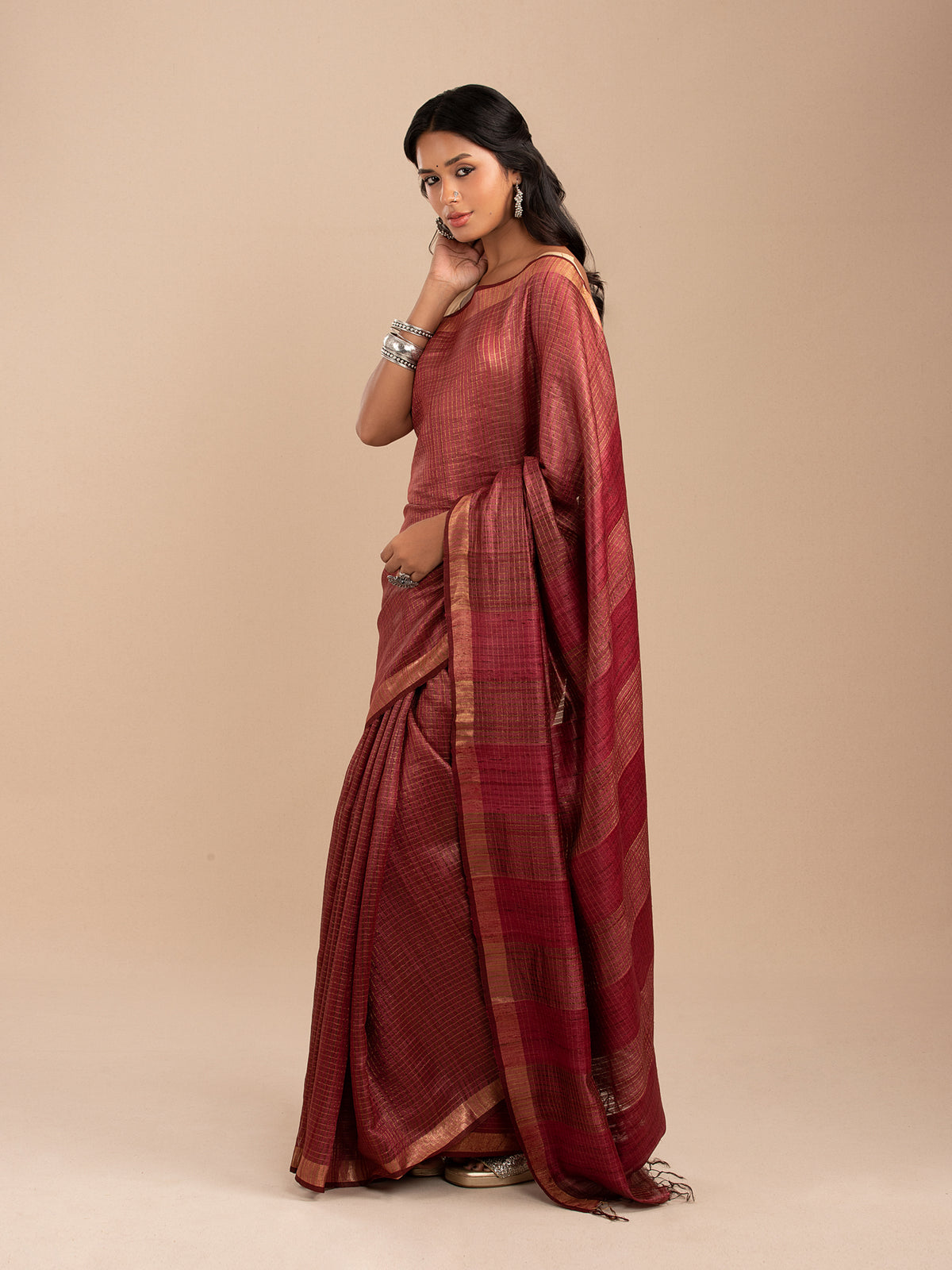 Wine and gold zari chequered saree in Tussar silk