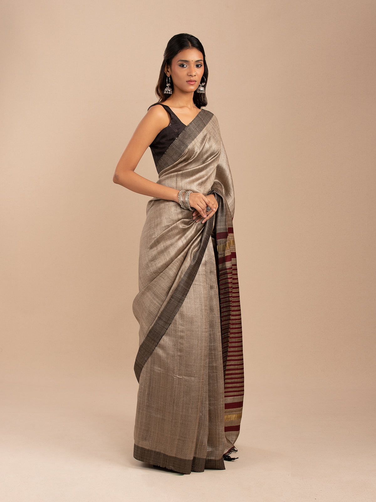 Tussar silk with gold zari and maroon stripes