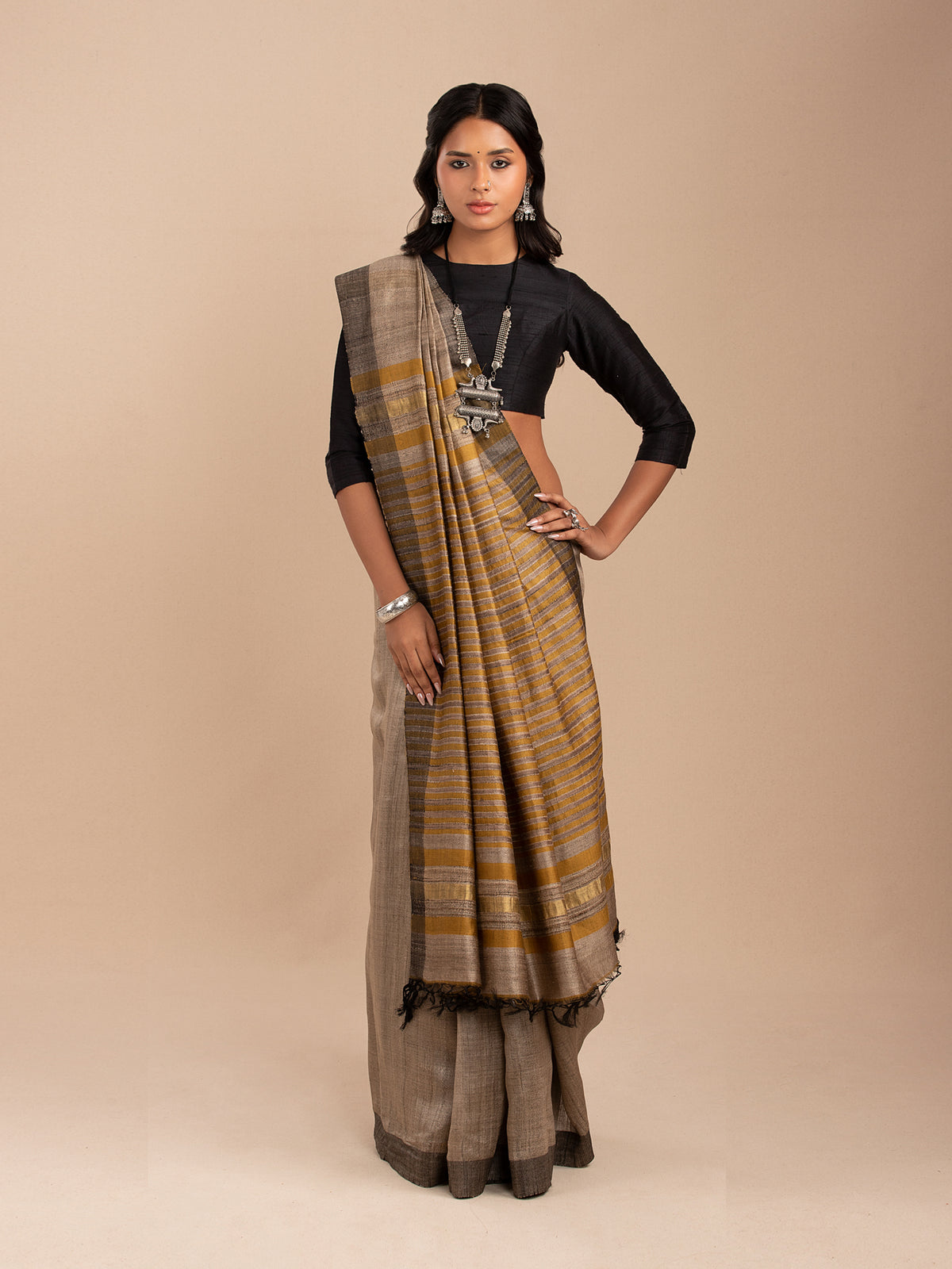 Tussar silk sare with gold zari and musraed yellow stripes