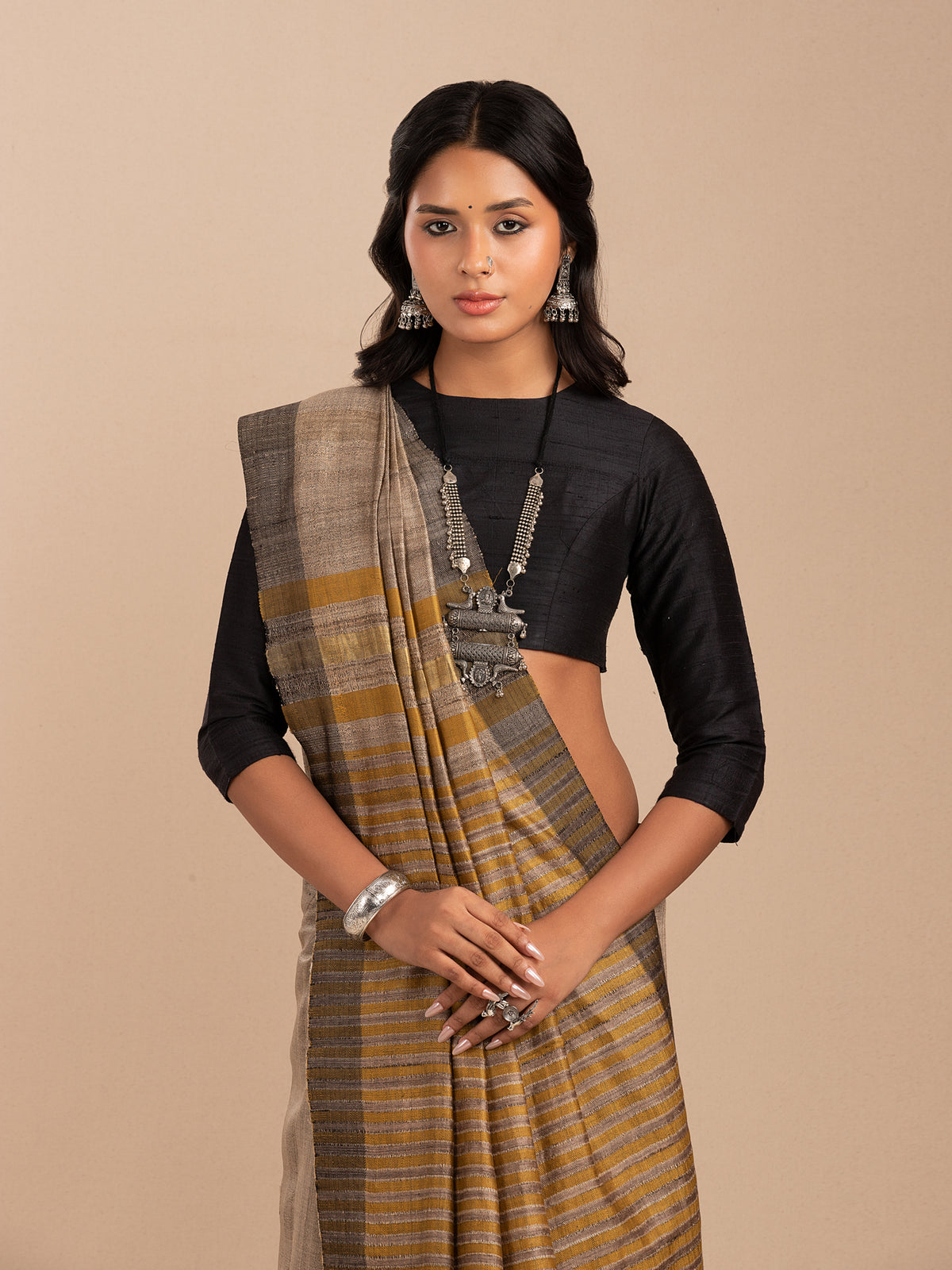 Tussar silk sare with gold zari and musraed yellow stripes