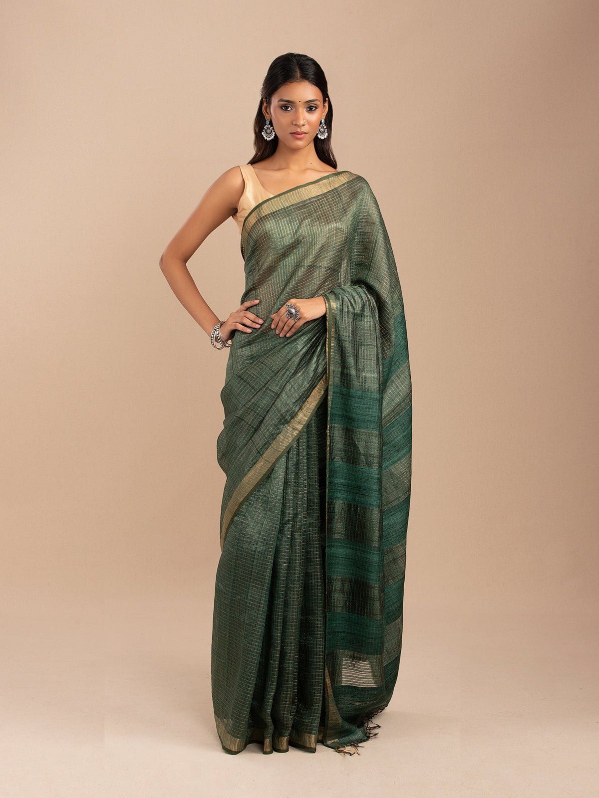 Green and gold zari chequered saree in Tussar silk