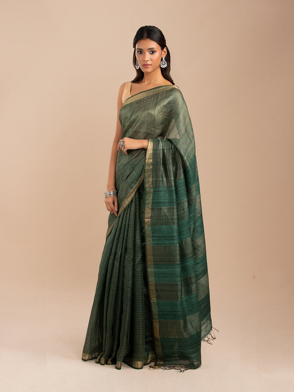 Green and gold zari chequered saree in Tussar silk