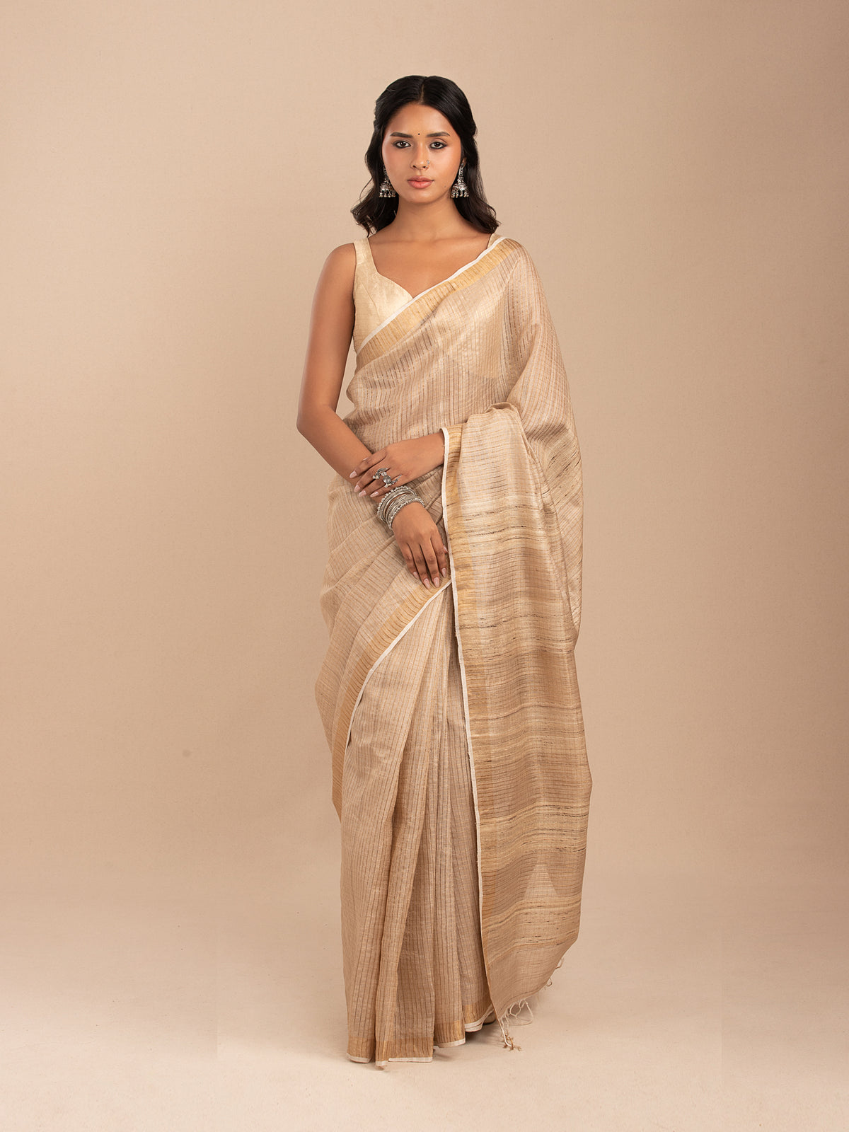 Ivory and gold chequered saree in zari and Tussar silk