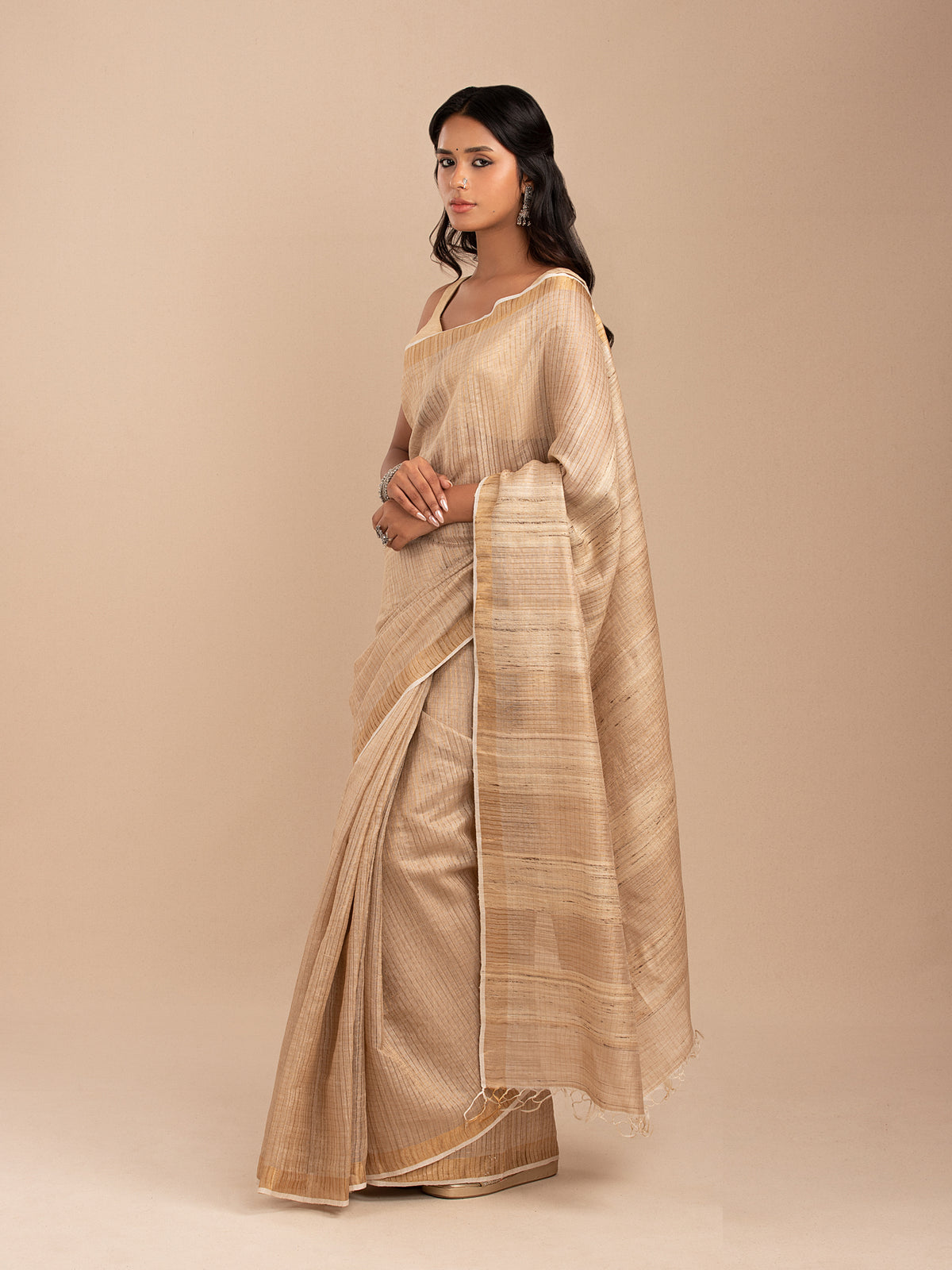 Ivory and gold chequered saree in zari and Tussar silk