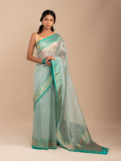 Muted sea green Kora silk organza Saree