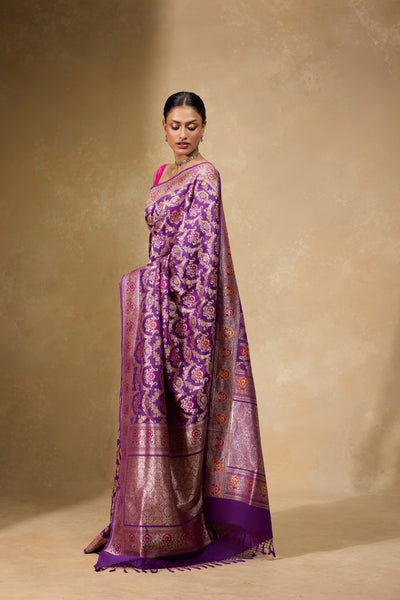 Deep Amethyst purple Banarasi Jangla Saree in pure Katan silk