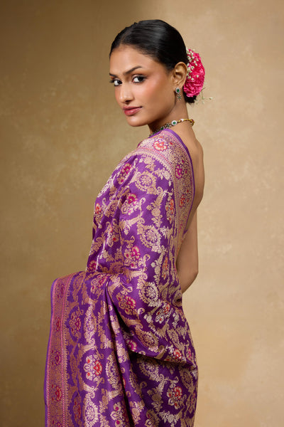 Deep Amethyst purple Banarasi Jangla Saree in pure Katan silk