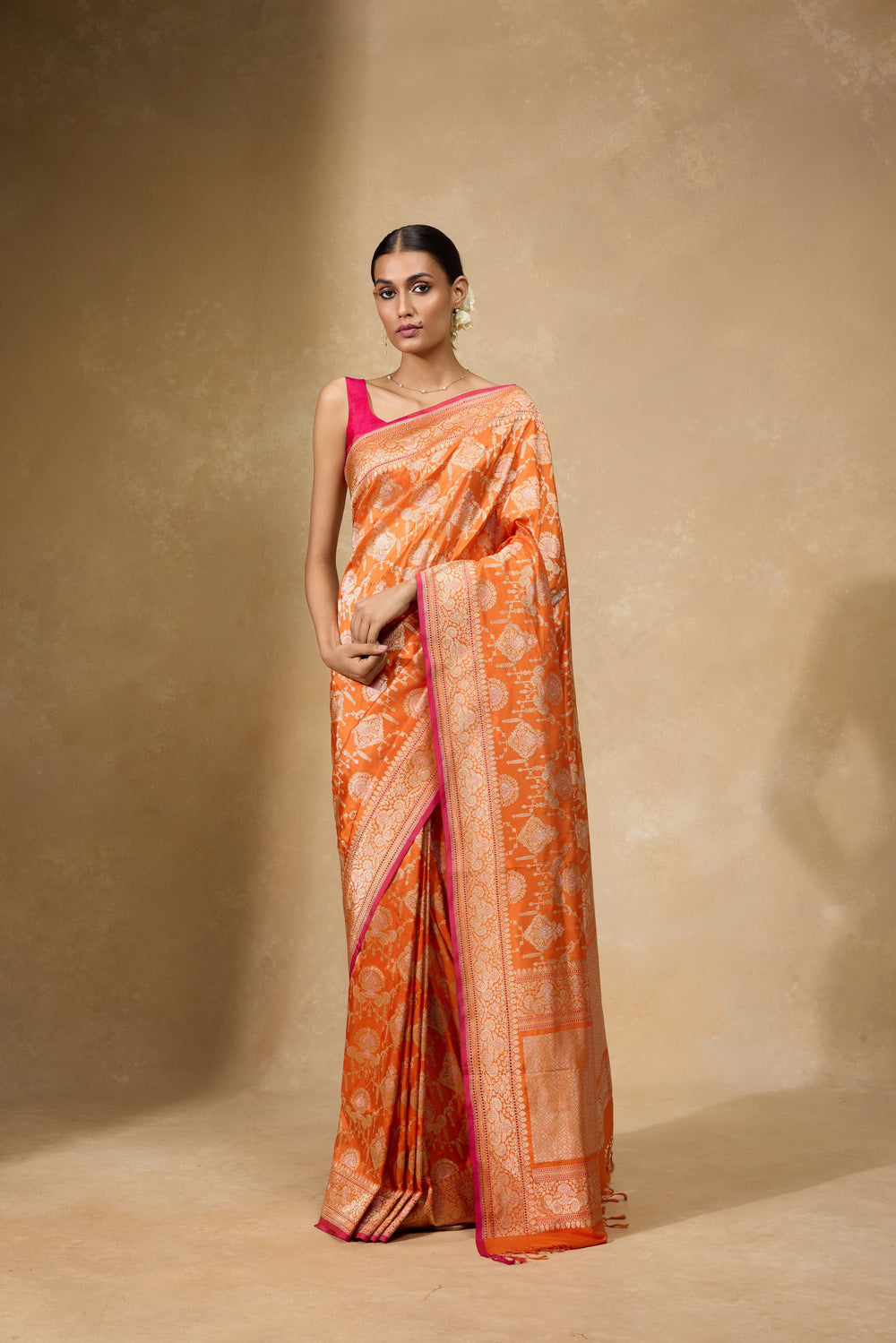 Tangerine-Orange Banarasi Jangla Saree in pure Katan silk