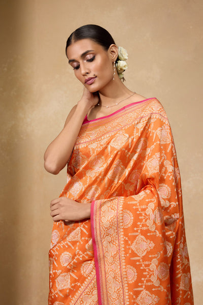 Tangerine-Orange Banarasi Jangla Saree in pure Katan silk