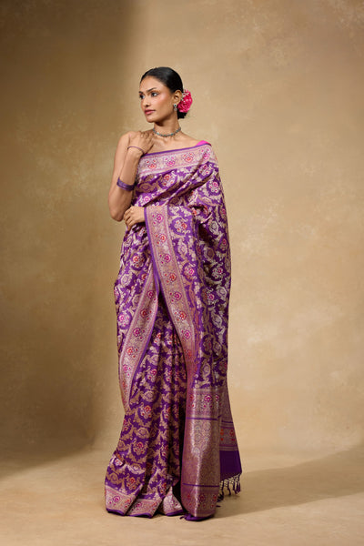 Deep Amethyst purple Banarasi Jangla Saree in pure Katan silk