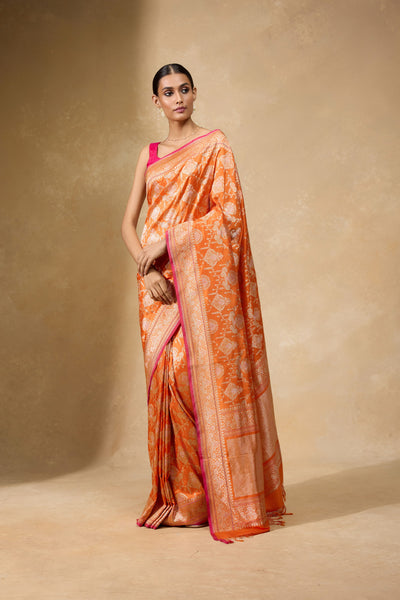Tangerine-Orange Banarasi Jangla Saree in pure Katan silk