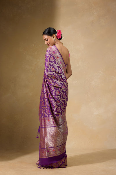 Deep Amethyst purple Banarasi Jangla Saree in pure Katan silk