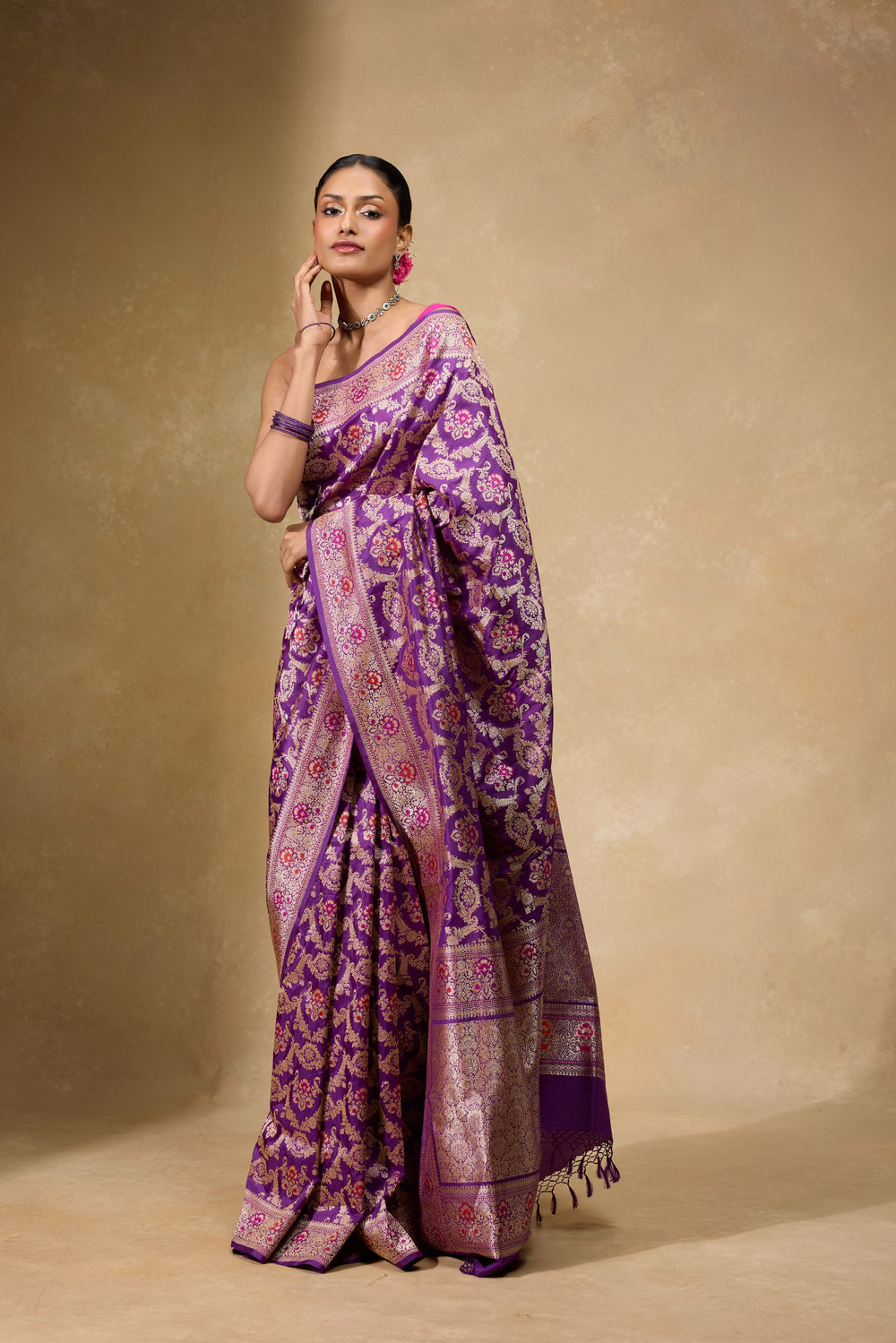 Deep Amethyst purple Banarasi Jangla Saree in pure Katan silk
