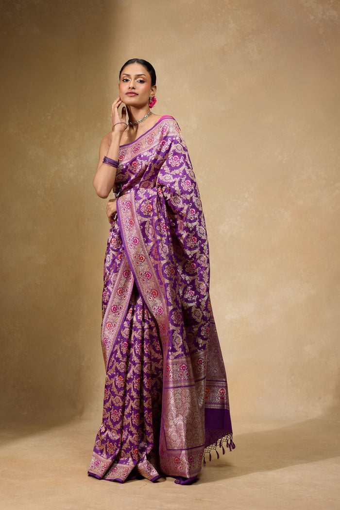 Deep Amethyst purple Banarasi Jangla Saree in pure Katan silk