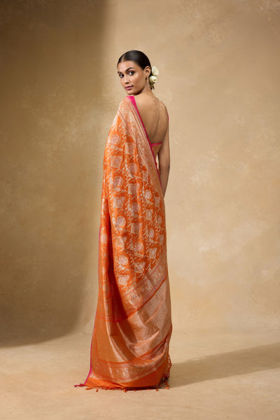 Tangerine-Orange Banarasi Jangla Saree in pure Katan silk