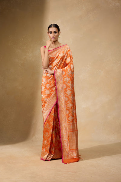 Tangerine-Orange Banarasi Jangla Saree in pure Katan silk