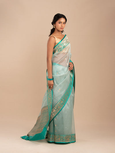 Muted sea green Kora silk organza Saree