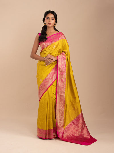 Mango-yellow banarasi saree with hot-pink border in pure Katan silk