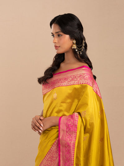 Mango-yellow banarasi saree with hot-pink border in pure Katan silk