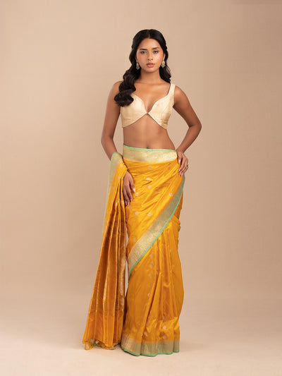 Yellow Banarasi saree in pure Katan silk