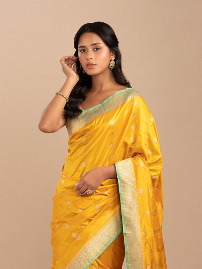 Yellow Banarasi saree in pure Katan silk