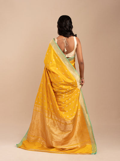 Yellow Banarasi saree in pure Katan silk