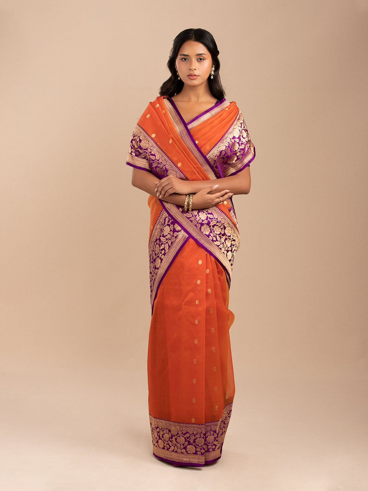 Orange and blue Kora silk orgranza saree