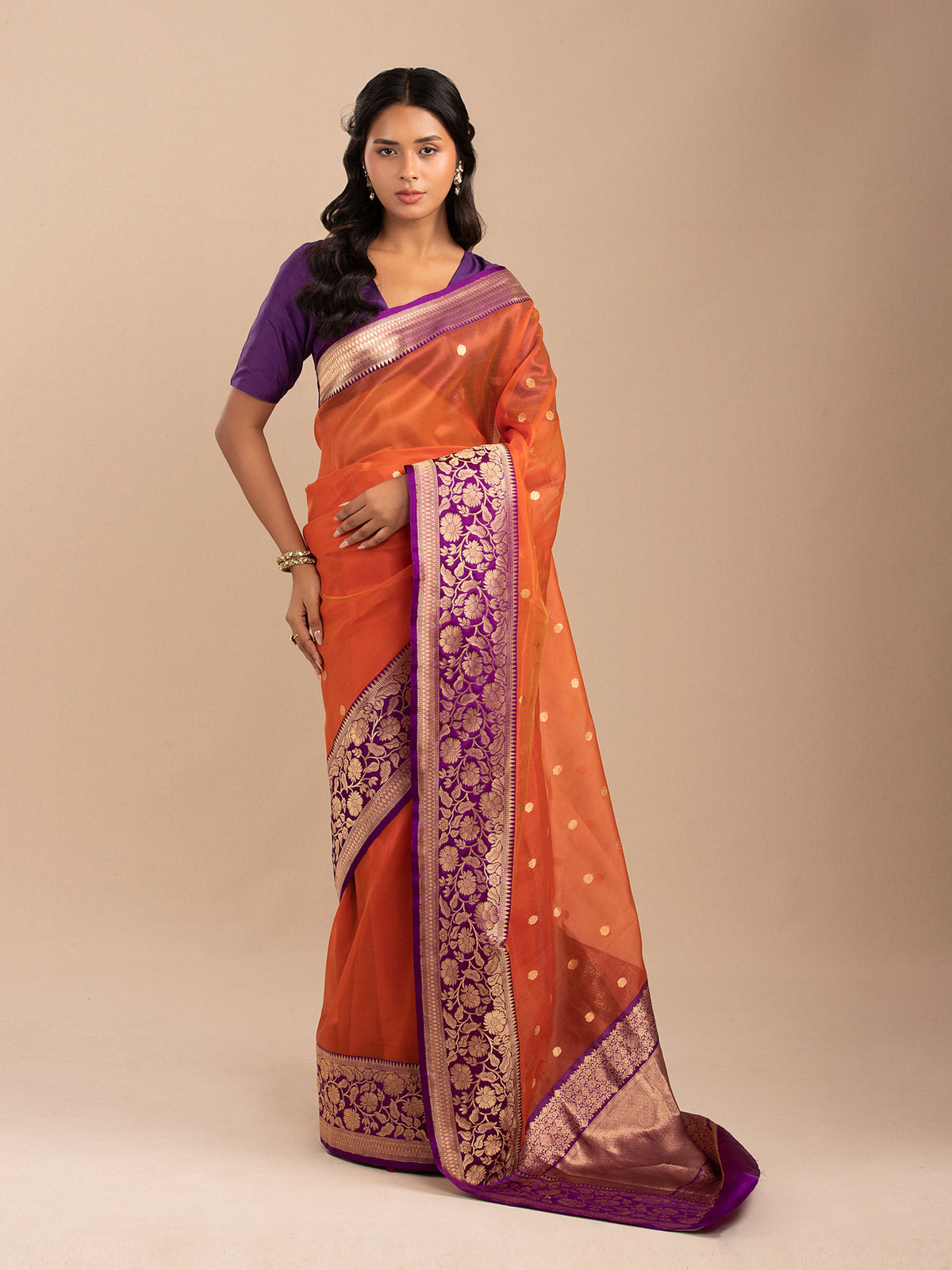 Orange and blue Kora silk orgranza saree