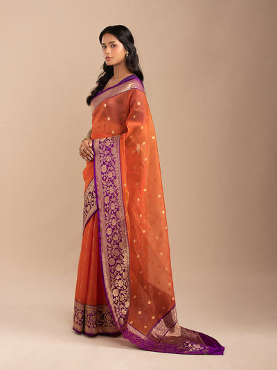Orange and blue Kora silk orgranza saree