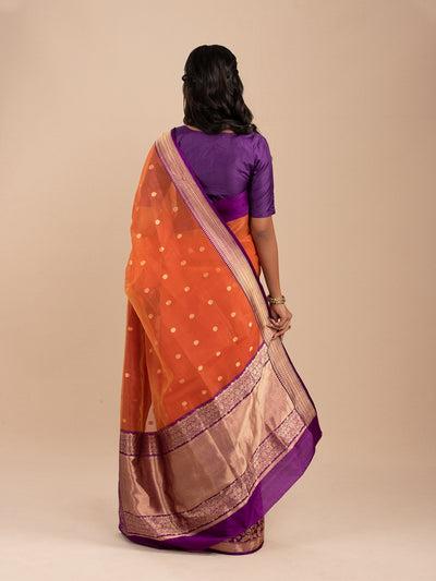 Orange and blue Kora silk orgranza saree