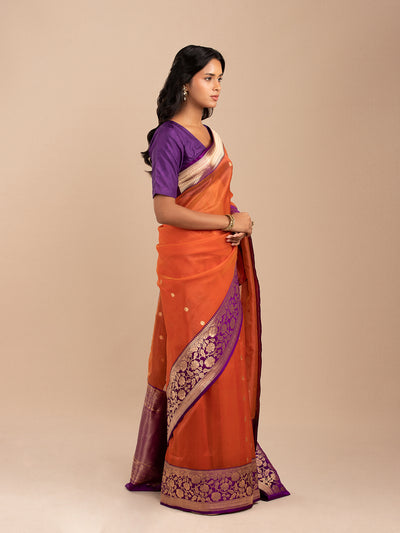 Orange and blue Kora silk orgranza saree