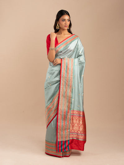 Muted gree with red border Banarasi saree in Katan silk