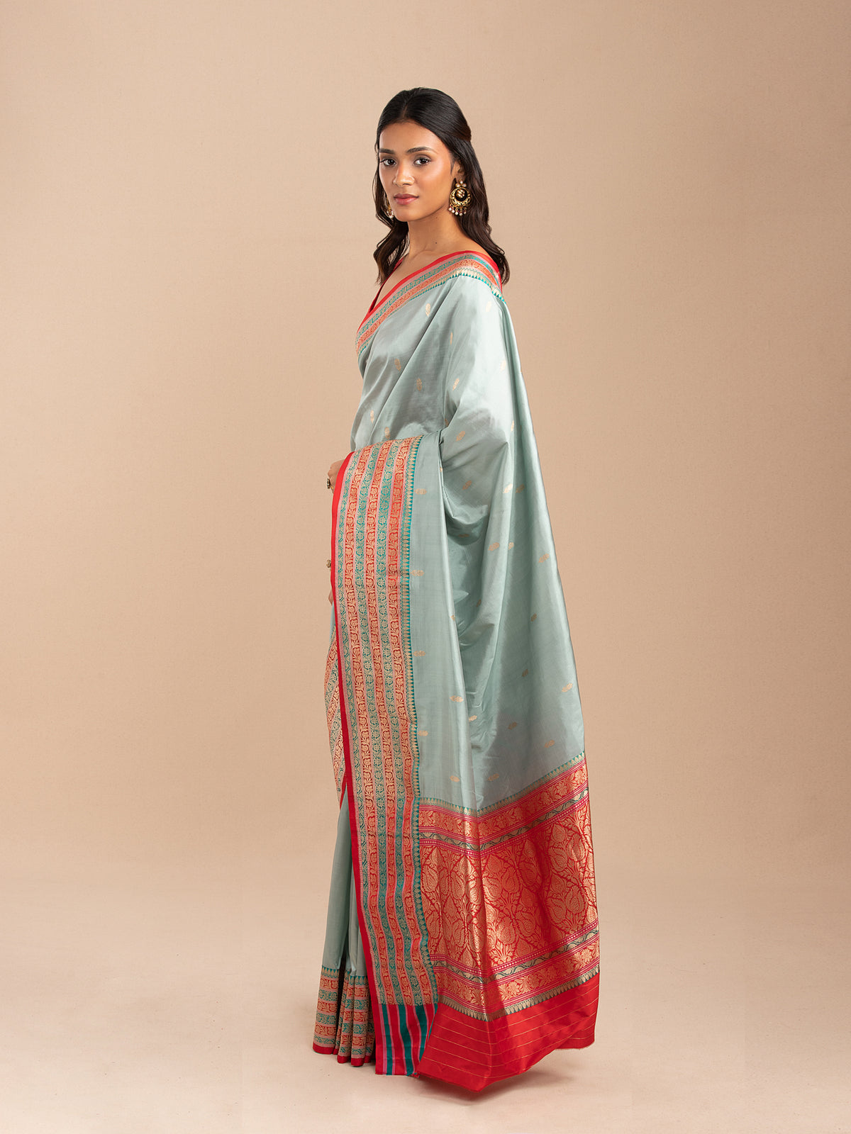 Muted gree with red border Banarasi saree in Katan silk