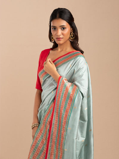 Muted gree with red border Banarasi saree in Katan silk