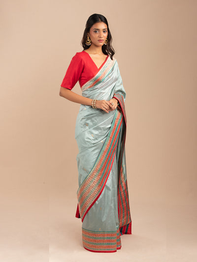 Muted gree with red border Banarasi saree in Katan silk