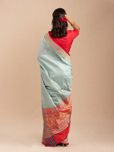 Muted gree with red border Banarasi saree in Katan silk