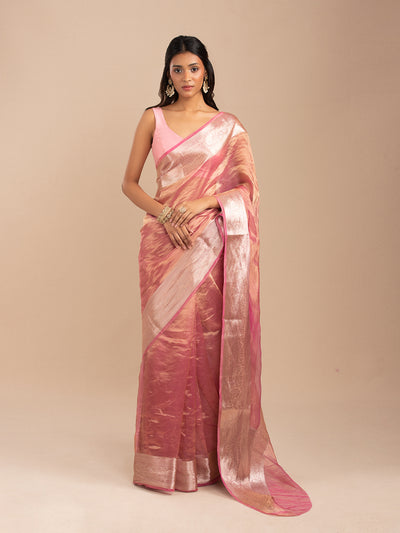 Pink ands Gold Banarasi zari tissue saree