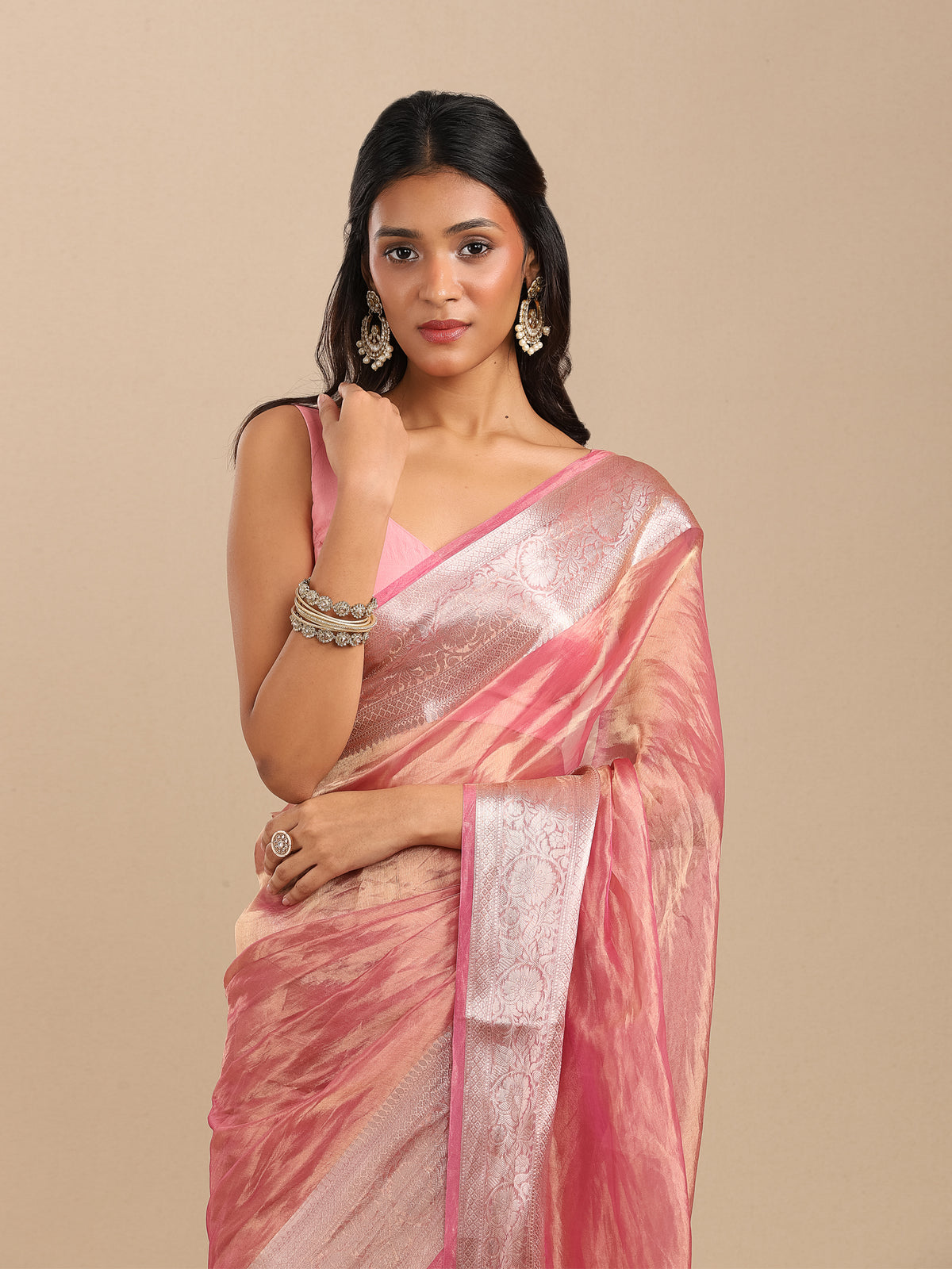 Pink ands Gold Banarasi zari tissue saree