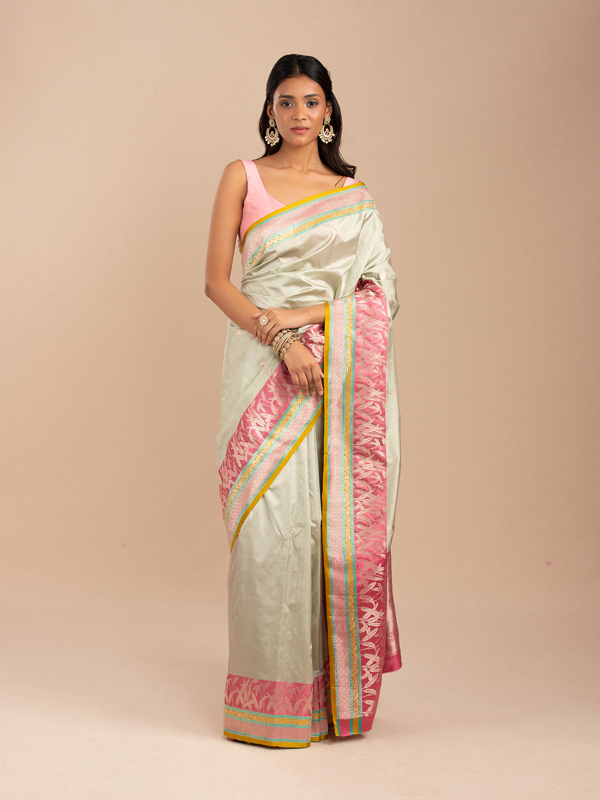 Muted mint-green Banarasi saree in Katan silk