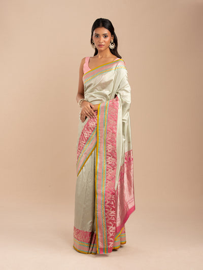 Muted mint-green Banarasi saree in Katan silk