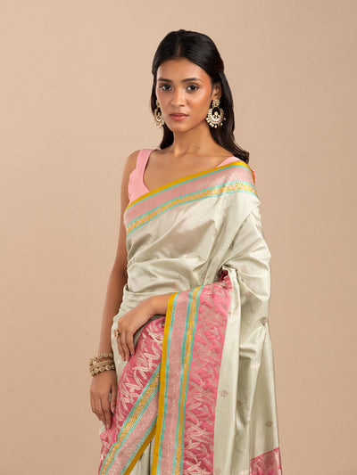 Muted mint-green Banarasi saree in Katan silk