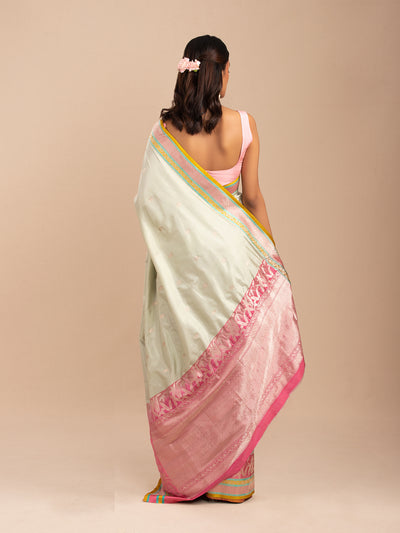 Muted mint-green Banarasi saree in Katan silk